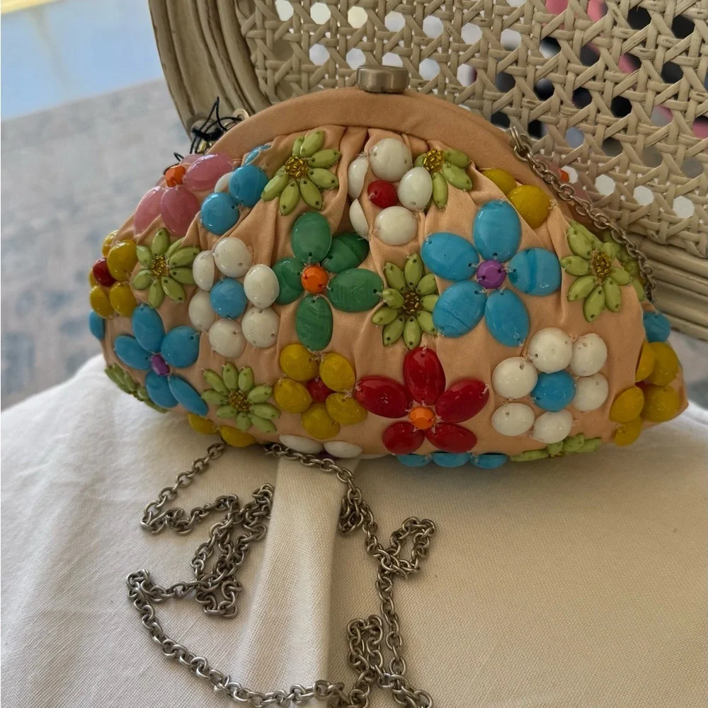 Beige Floral Beaded Clutch with Multicolor Flower Accents